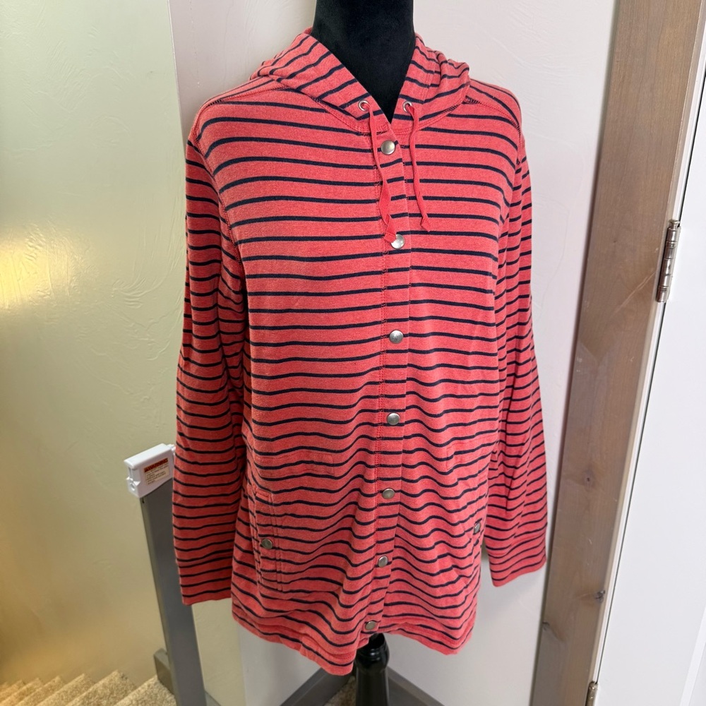 L.L. Bean Snap Down Sweatshirt Sweater‎ Hoodie Coral Pink Navy Stripe Cotton M